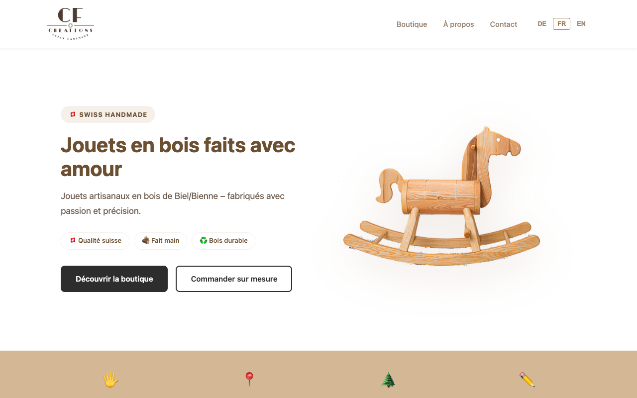 Site web CF Créations — jouets en bois artisanaux, page d'accueil
