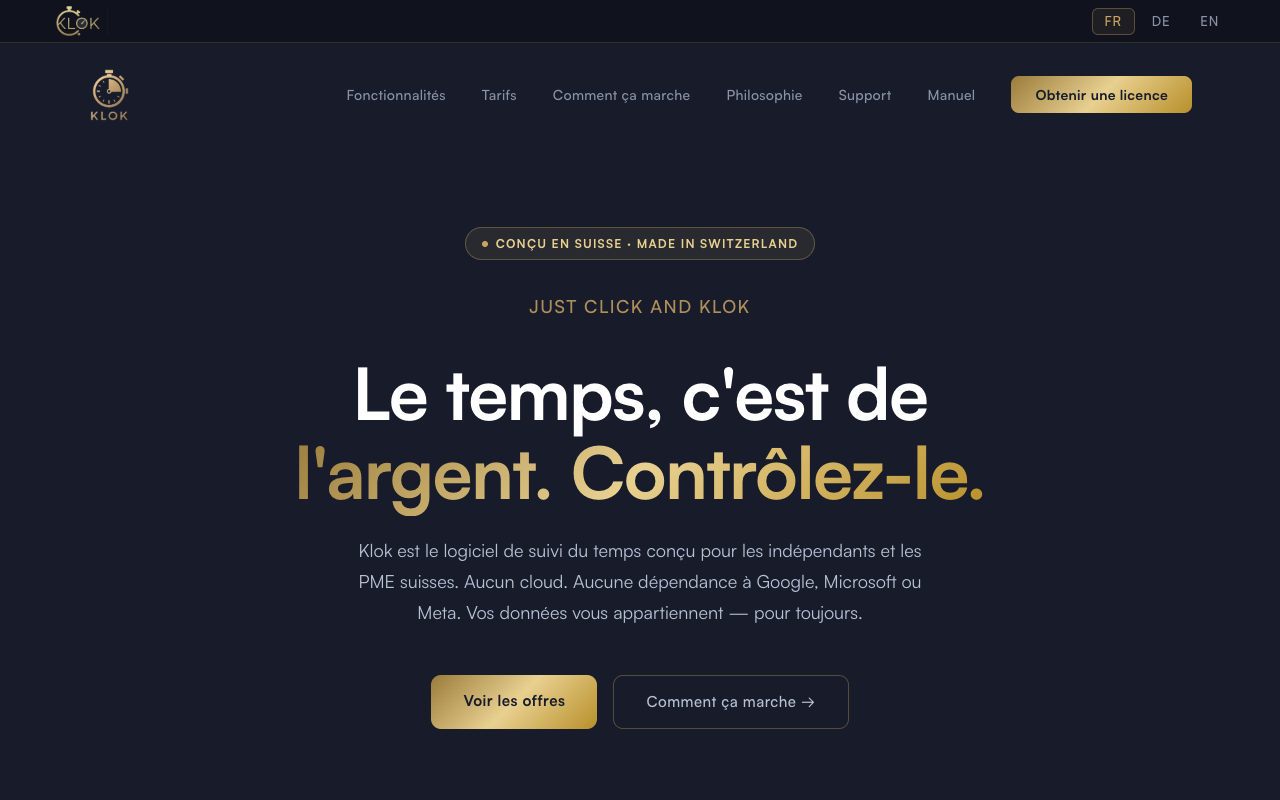 Site web Klok — suivi du temps pour PME suisses, page d'accueil
