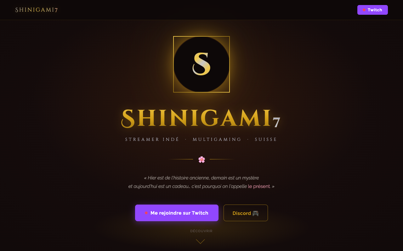 Page d'accueil du site Shinigami7 — streamer Twitch multigaming