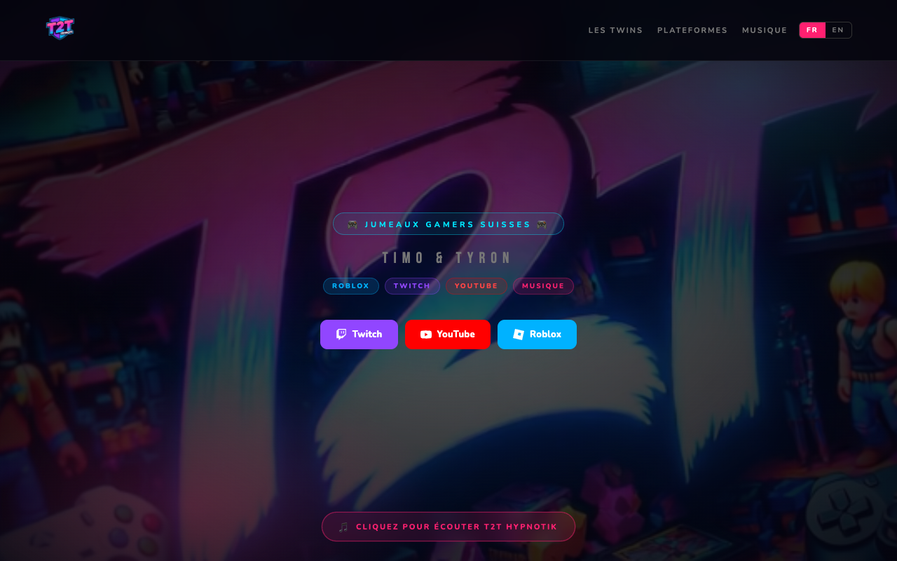 Site web T2T Stream — duo de streamers gaming suisses, page d'accueil